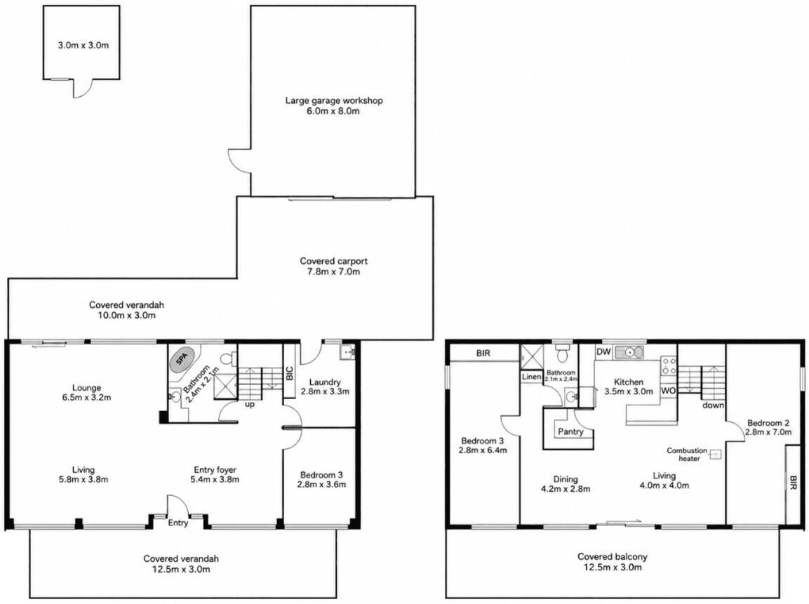 A floor plan with a large garage workshop, covered carport, living area, lounge, and covered verandah.