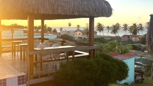 A thatched-roof gazebo with a pool table and chairs, overlooking a beach with palm trees and houses.