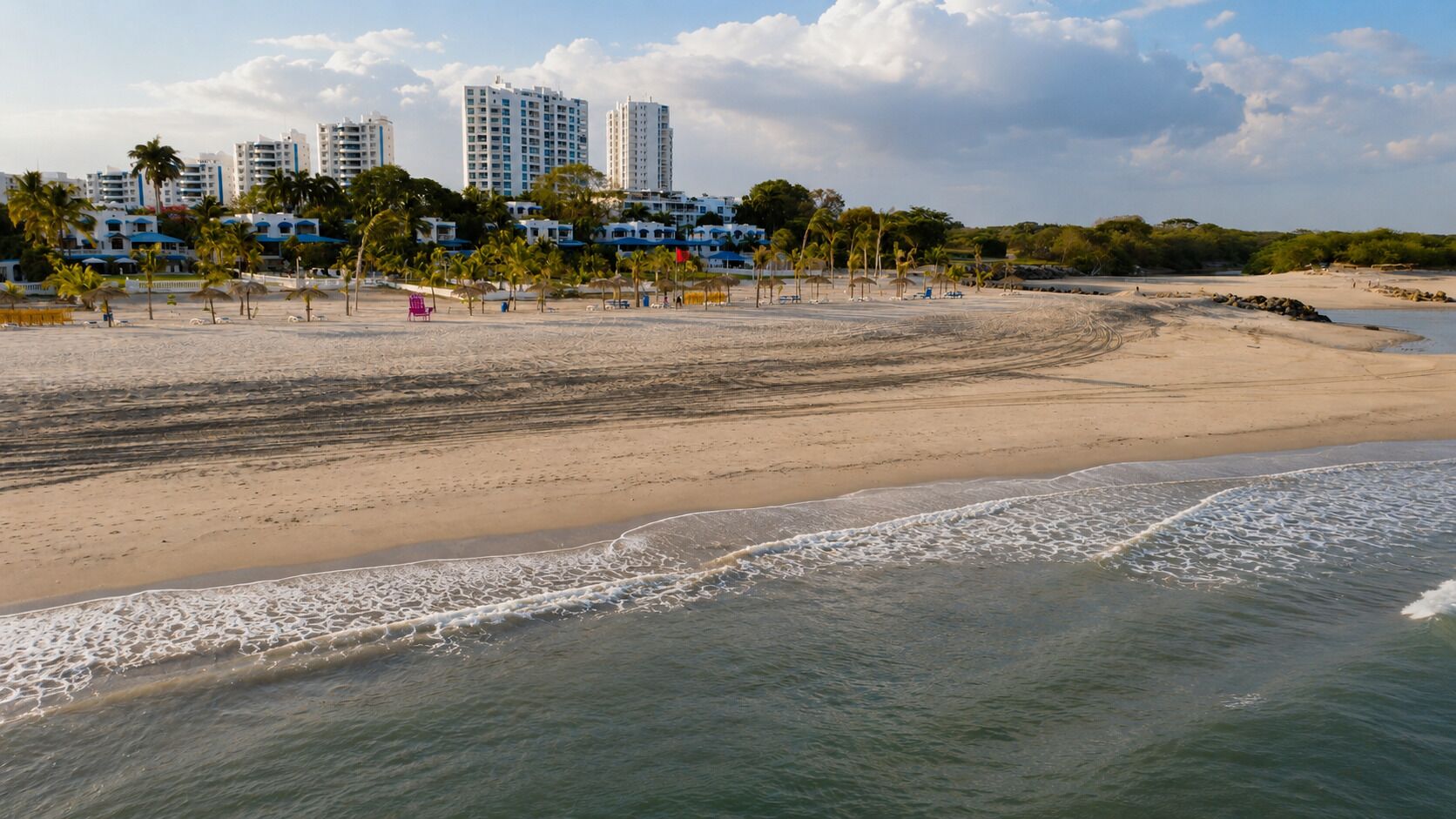 Ein Strand mit sandigem Ufer, Palmen und Gebäuden im Hintergrund.