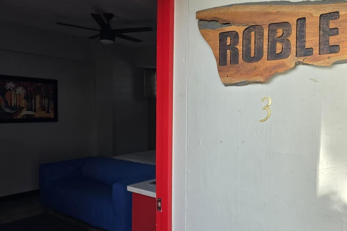 A room with a red door, a ceiling fan, a blue couch, and a painting on the wall.