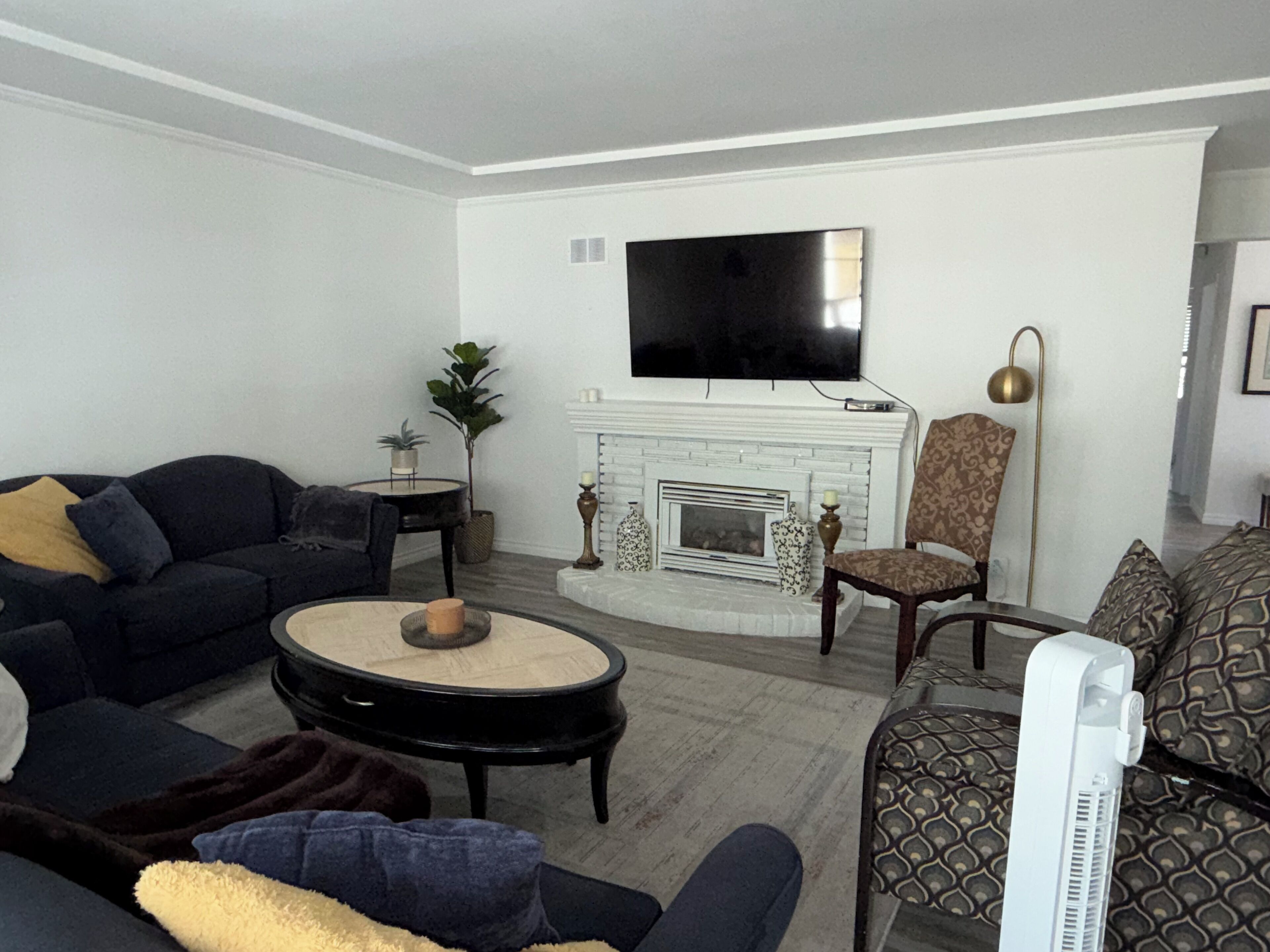 Ein Wohnzimmer mit Sofa, Sessel, Kamin, Fernseher und Ventilator.