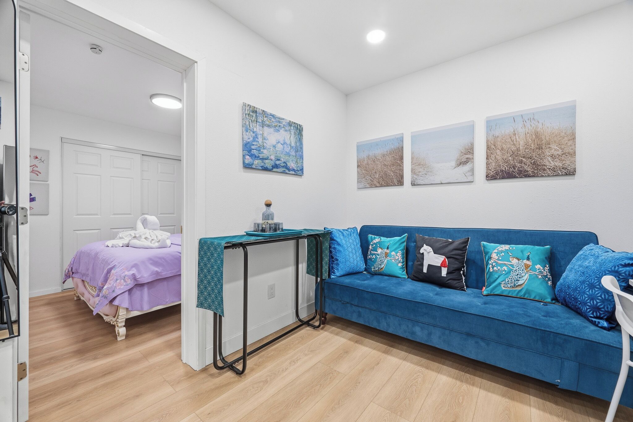 A room with a bed, a blue sofa, and a small table with a teal tablecloth. There are three wall-mounted pictures depicting nature scenes.