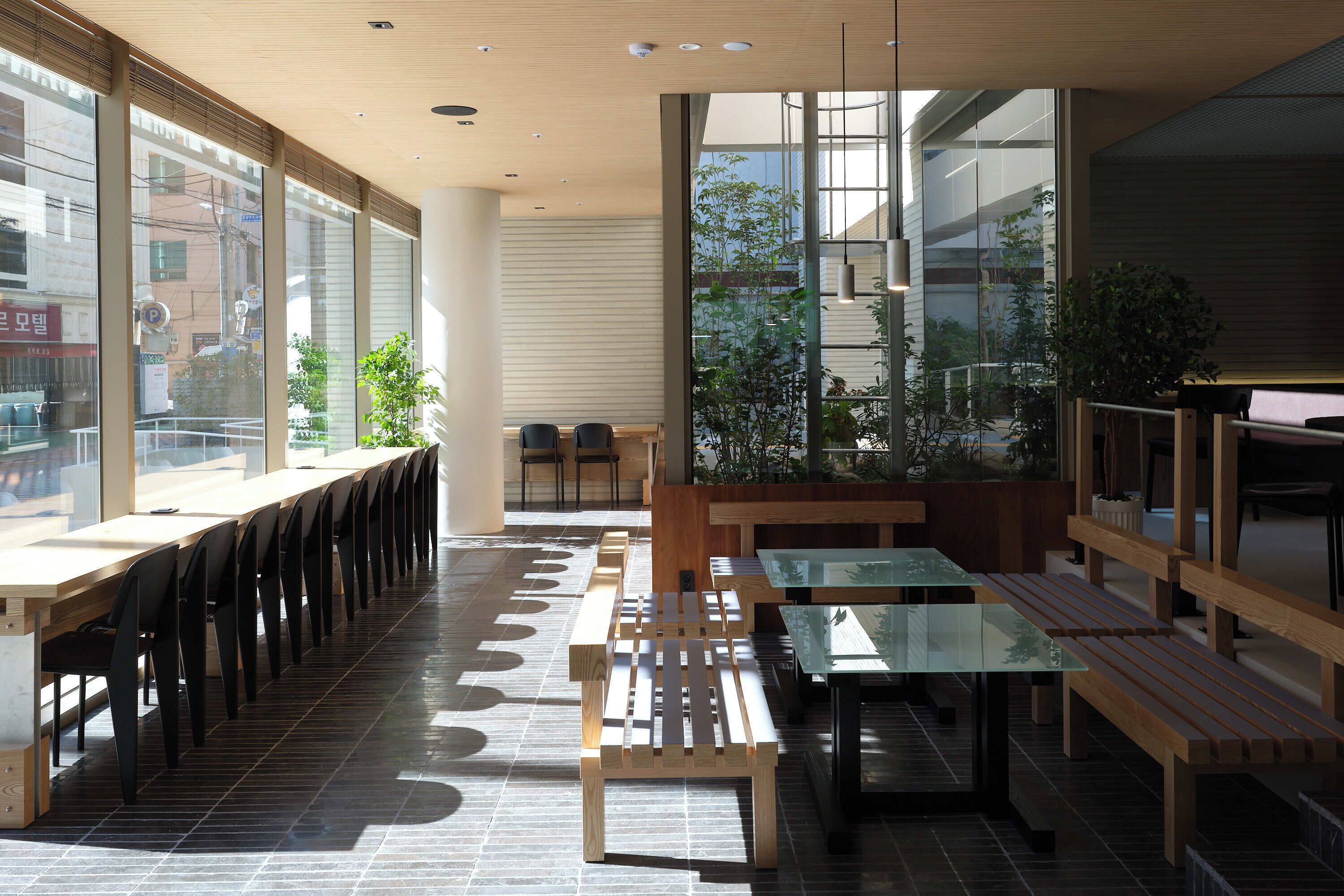 A modern interior with long tables and benches, large windows, and indoor plants.