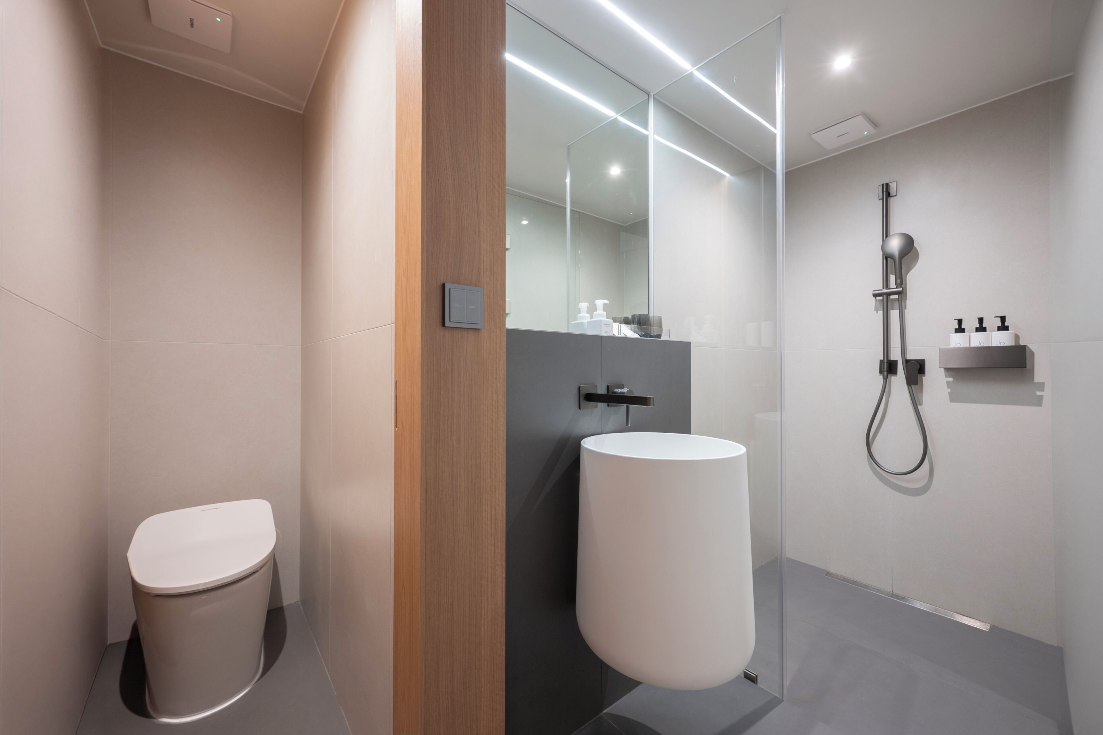 Un bagno moderno con il water, un lavandino capiente e una doccia.