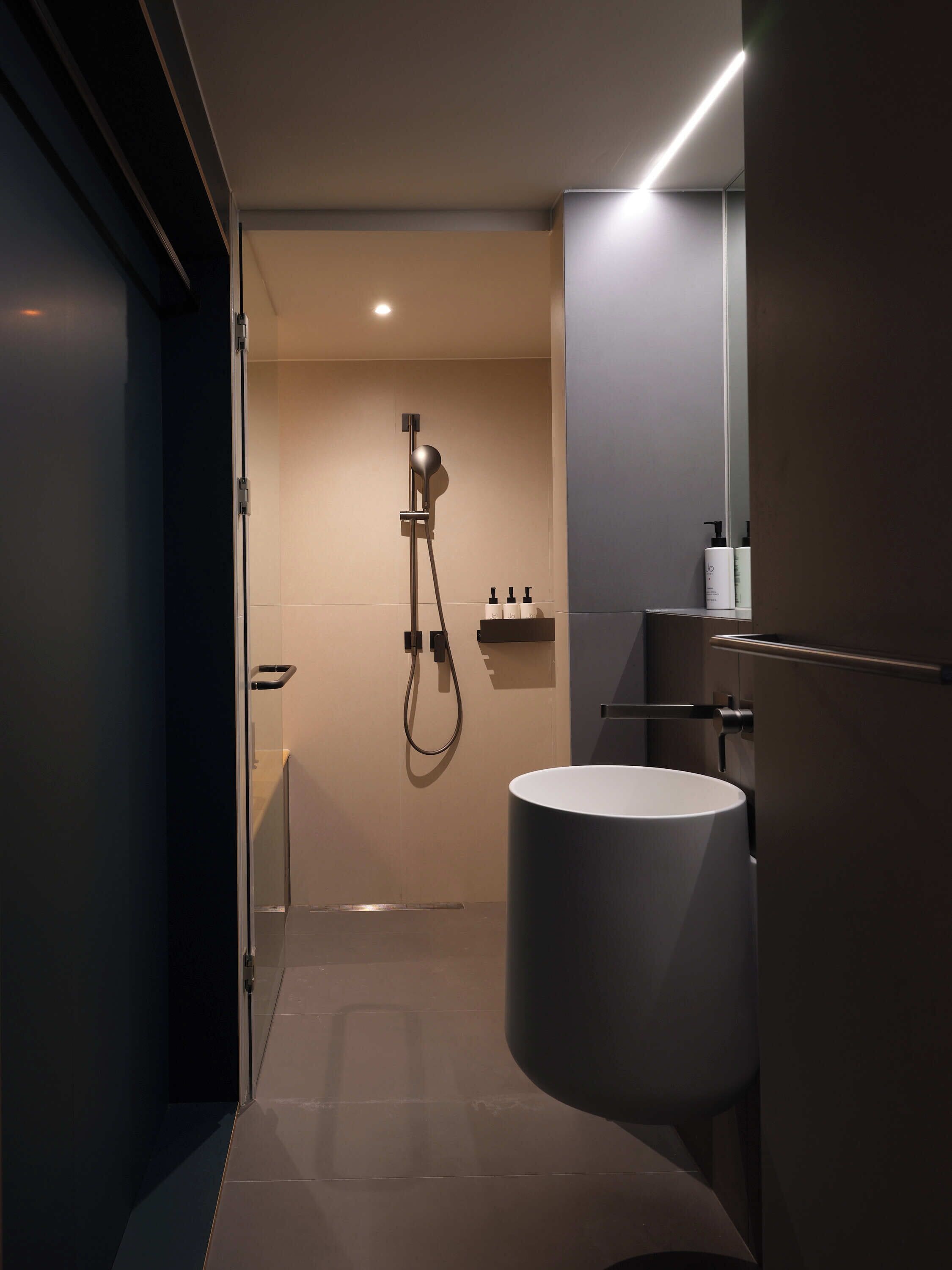 Un baño moderno con un lavamanos grande, un cabezal de ducha manual y un espejo.