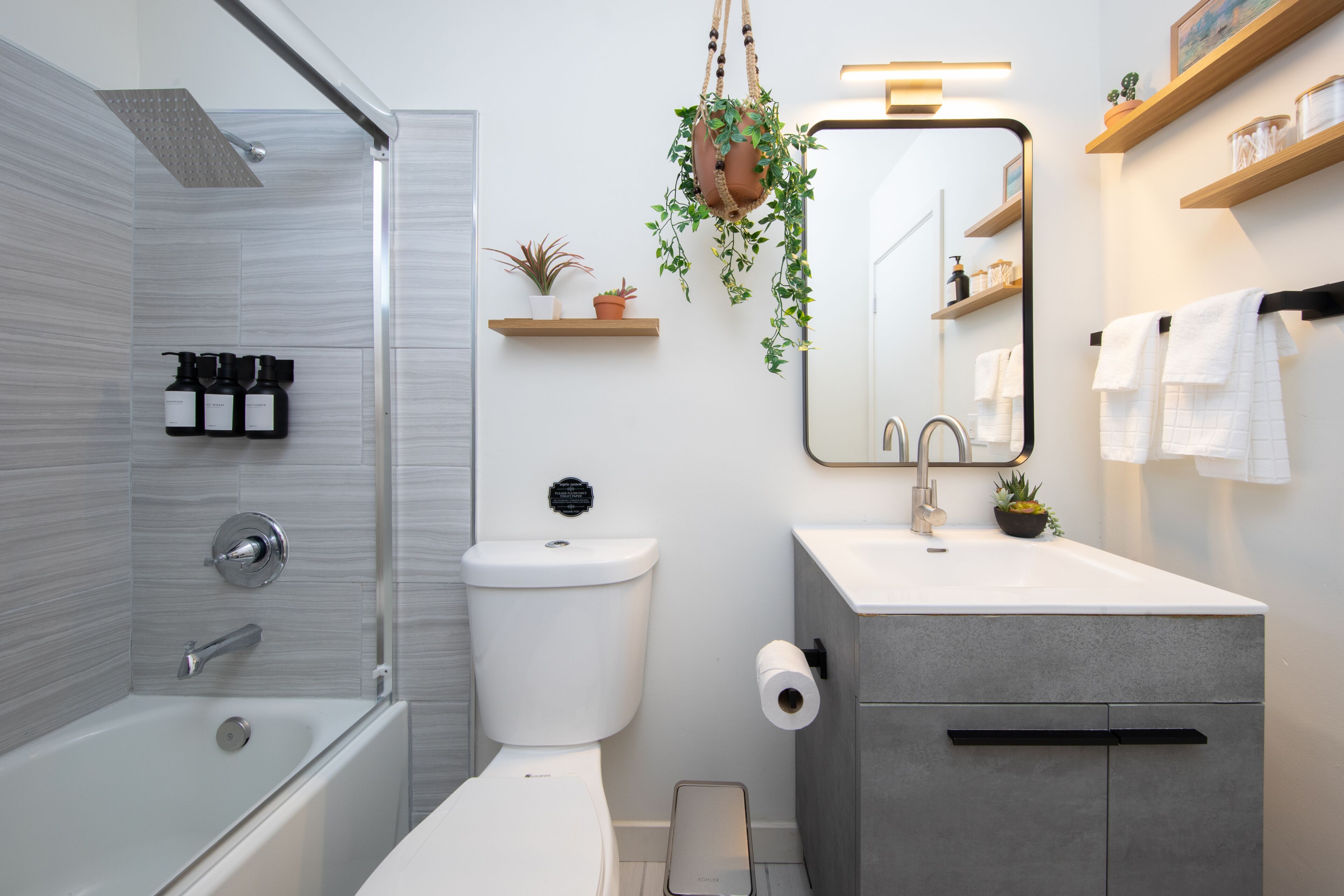 Hair dryer, towels, soap, toilet paper