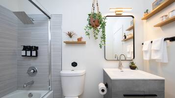 Hair dryer, towels, soap, toilet paper