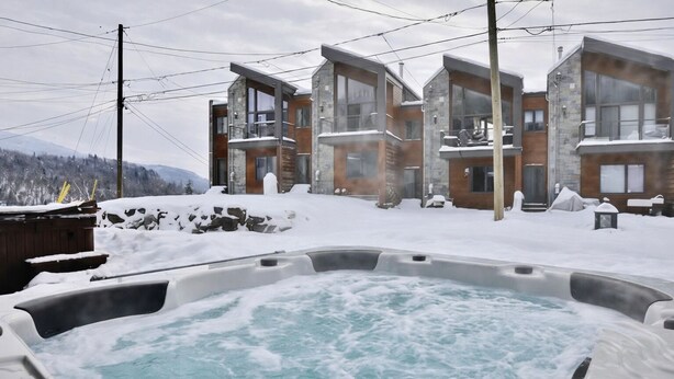A hot tub in a snowy outdoor setting with modern buildings in the background.