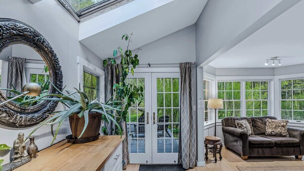 A room with a large mirror, a potted plant, a sofa, and a view through a glass door. - Cape Cod Home in Woodstock, Pet-Friendly & Wooded (Woodstock)
