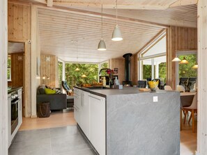 Eine moderne Küche mit einer zentralen Kochinsel, Holzvertäfelung und großen Fenstern.