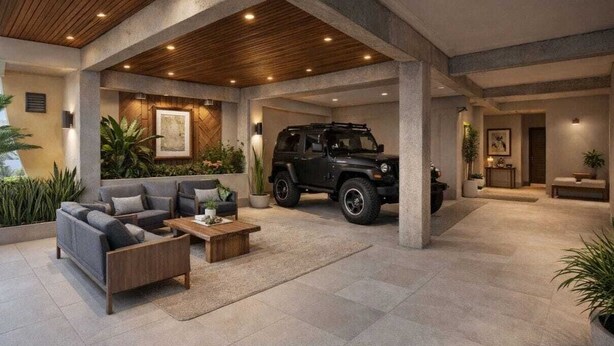 A spacious indoor area with a seating arrangement, a vehicle, and a reception desk. - Vigie Beach Suite 1 (Castries)