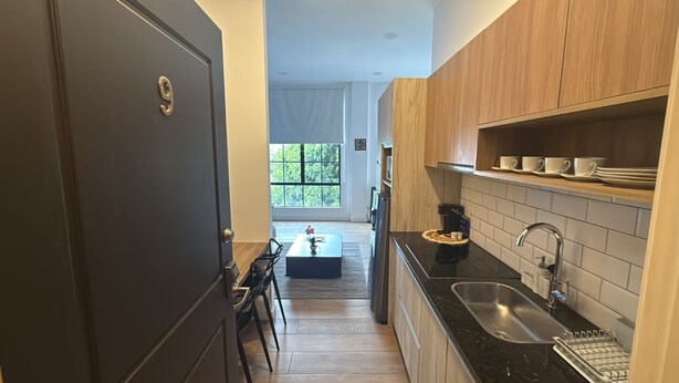 Eine moderne Küche mit einer dunklen Tür, Holzschränken, einer schwarzen Arbeitsplatte und einem Spülbecken.