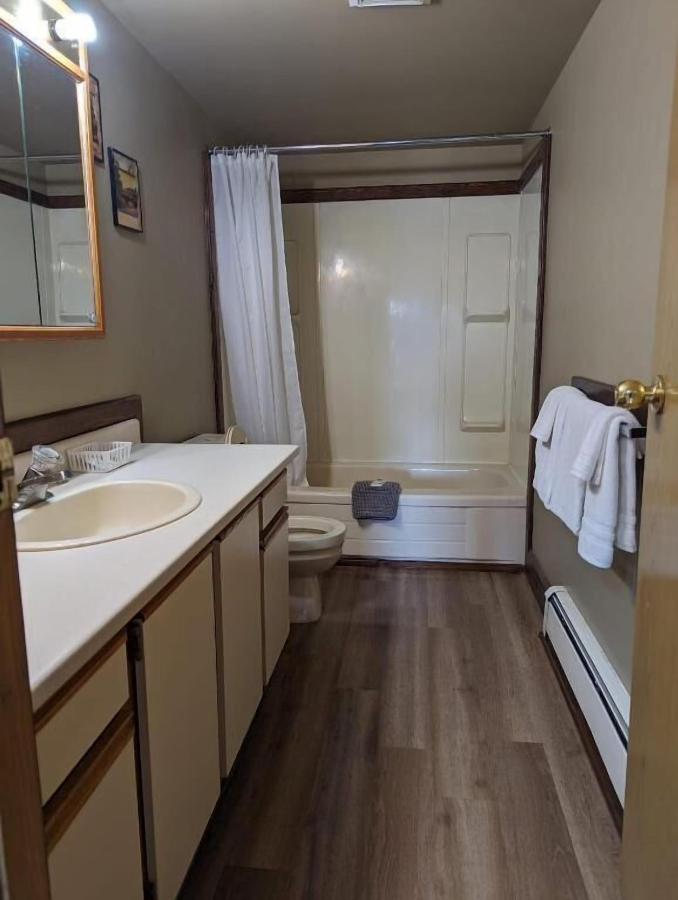 Combined shower/tub, free toiletries, hair dryer, towels