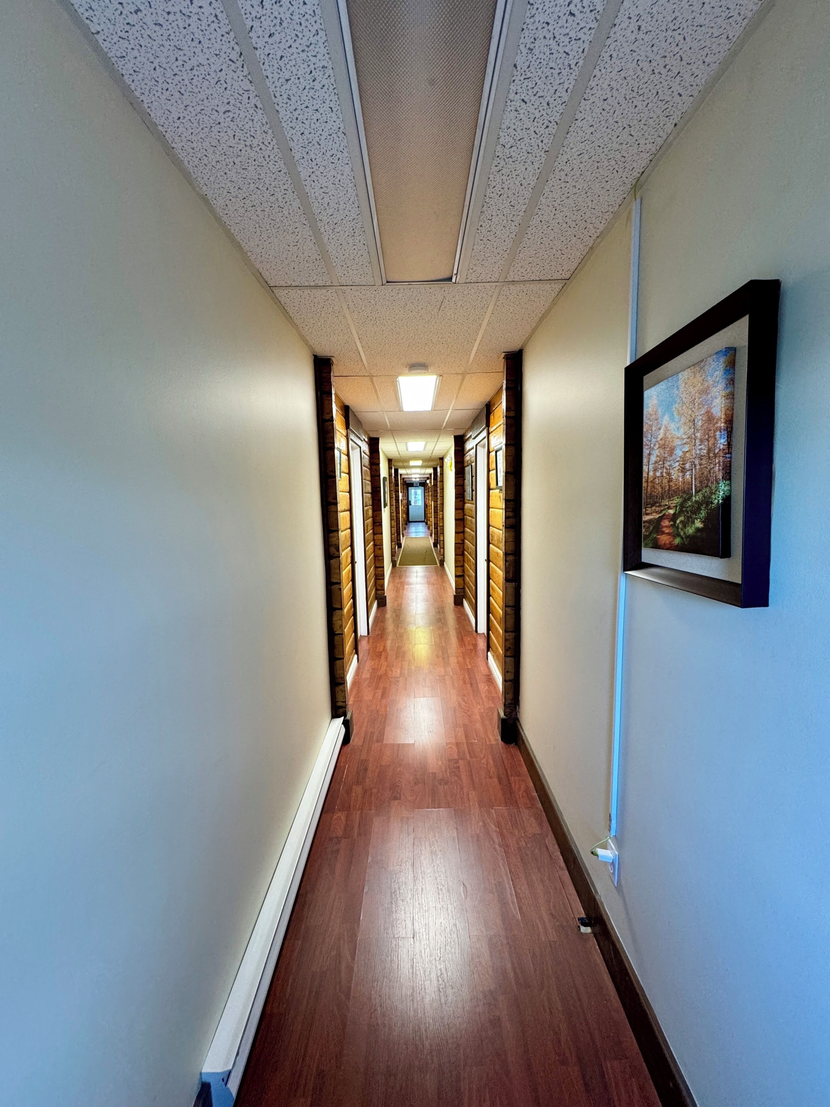 A long, narrow hallway with wooden paneling on the walls, a wooden floor, and a framed picture on the right wall.