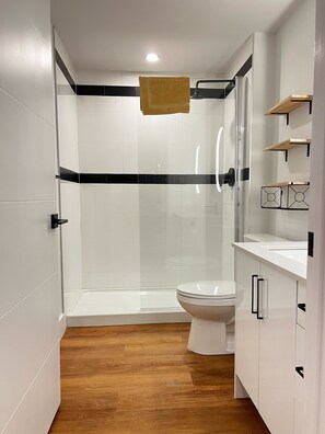 Chuveiro, secador de cabelo, toalhas de banho, shampoo