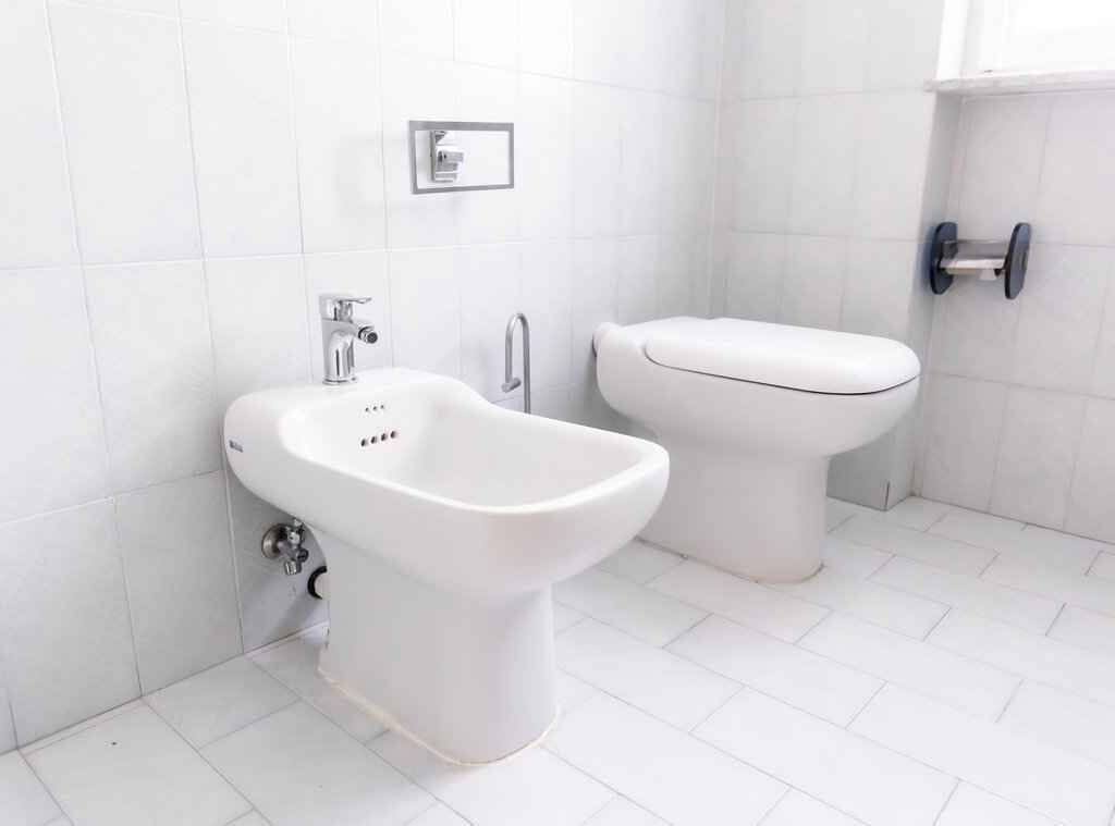 Une salle de bain équipée d’un bidet, de toilettes et d’un porte-serviettes.