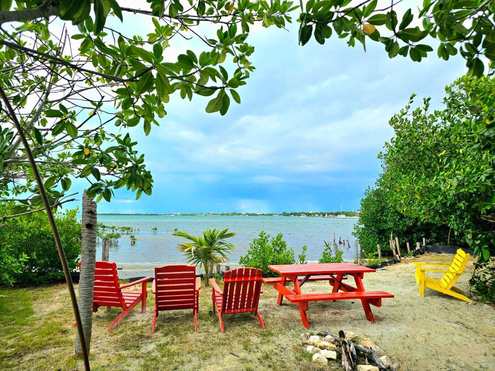 Une vue sur la plage, avec un ciel dégagé, une mer calme, une rangée de chaises rouges et jaunes et une table de pique-nique.