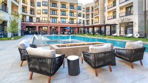 Outdoor pool - Top-Floor Luxury Retreat, King Bed, Full Kitchen, Private Balcony (Frisco)