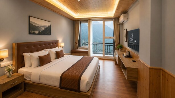 Habitación de hotel con una cama grande, televisor, ventana con vistas a montañas y techo de madera.