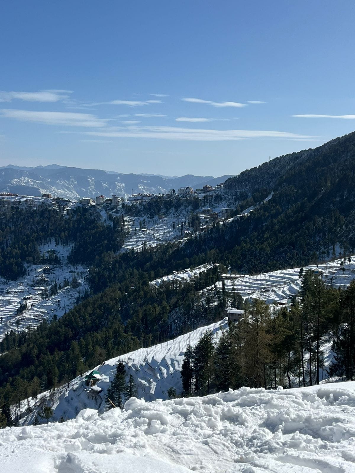 Un paisaje montañoso cubierto de nieve, con edificios dispersos por las laderas.