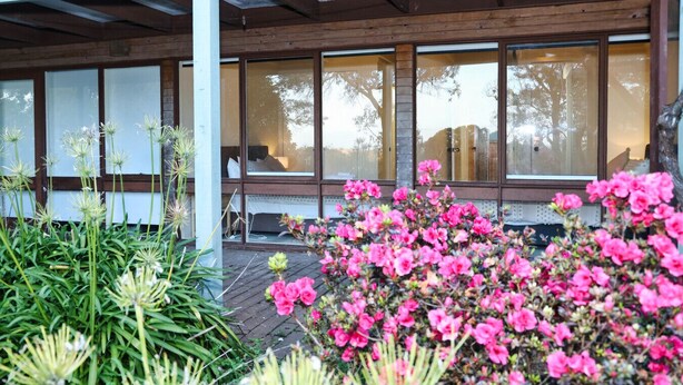 A building with a covered porch, large windows, and a bench. - Gisborne Peak Winery - Blue Gum Guest House (Gisborne)