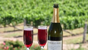 A bottle of Gisborne Peak Sparkling Pink wine and two glasses on a balcony with a vineyard background. - Gisborne Peak Winery - Blue Gum Guest House (Gisborne)
