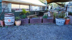 A winery with outdoor seating, barrels, and potted plants. - Gisborne Peak Winery - Blue Gum Guest House (Gisborne)