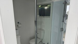 Un espacio de ducha pequeño y cerrado con puerta de cristal, un inodoro y un rollo de papel higiénico a la vista.