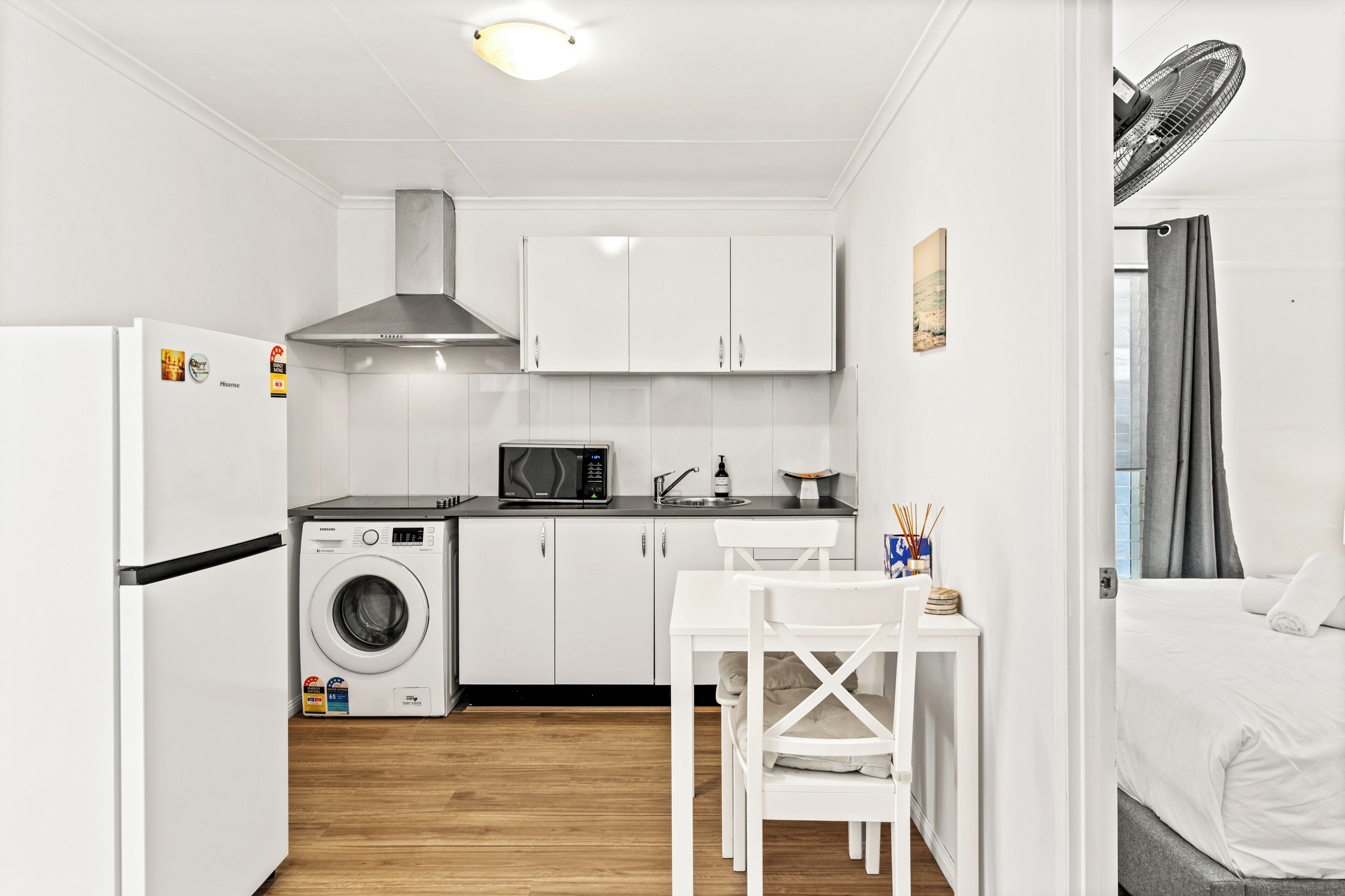 Fridge, microwave, stovetop, electric kettle