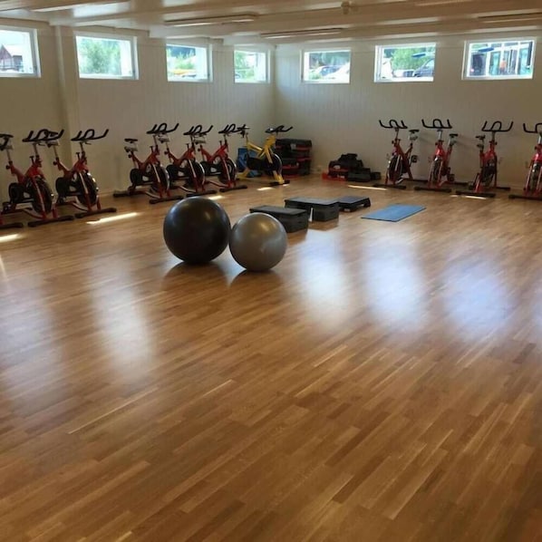 A gym with exercise bikes, large exercise balls, and a wooden floor.