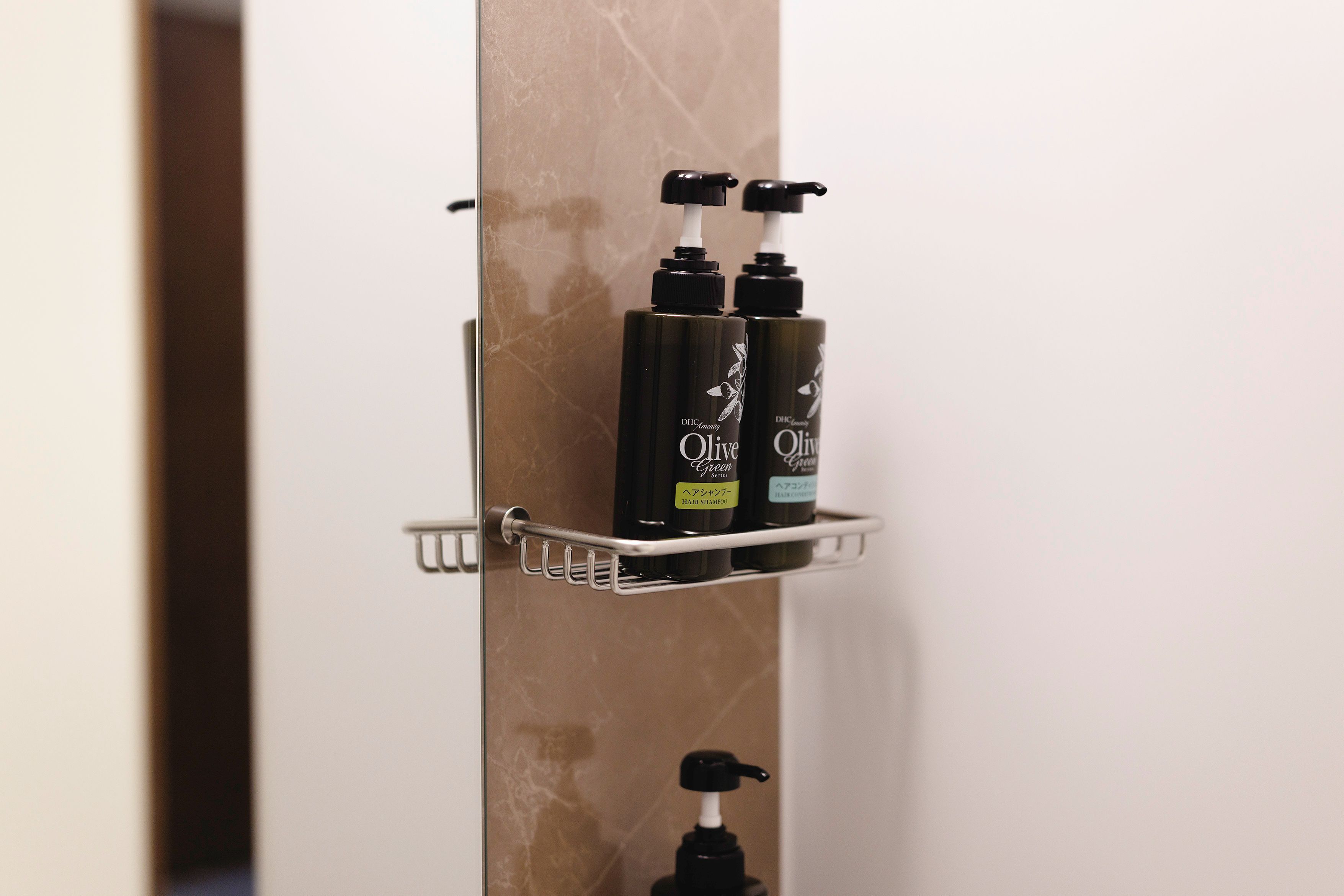 A bathroom shelf with two hair care products.