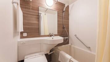 Combined shower/tub, hair dryer, towels, soap