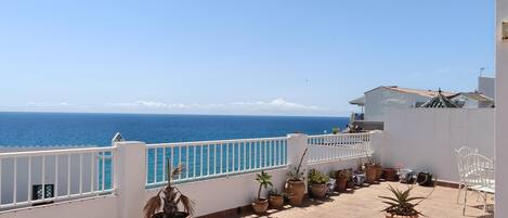 A terrace with potted plants, a white railing, and a view of the sea.