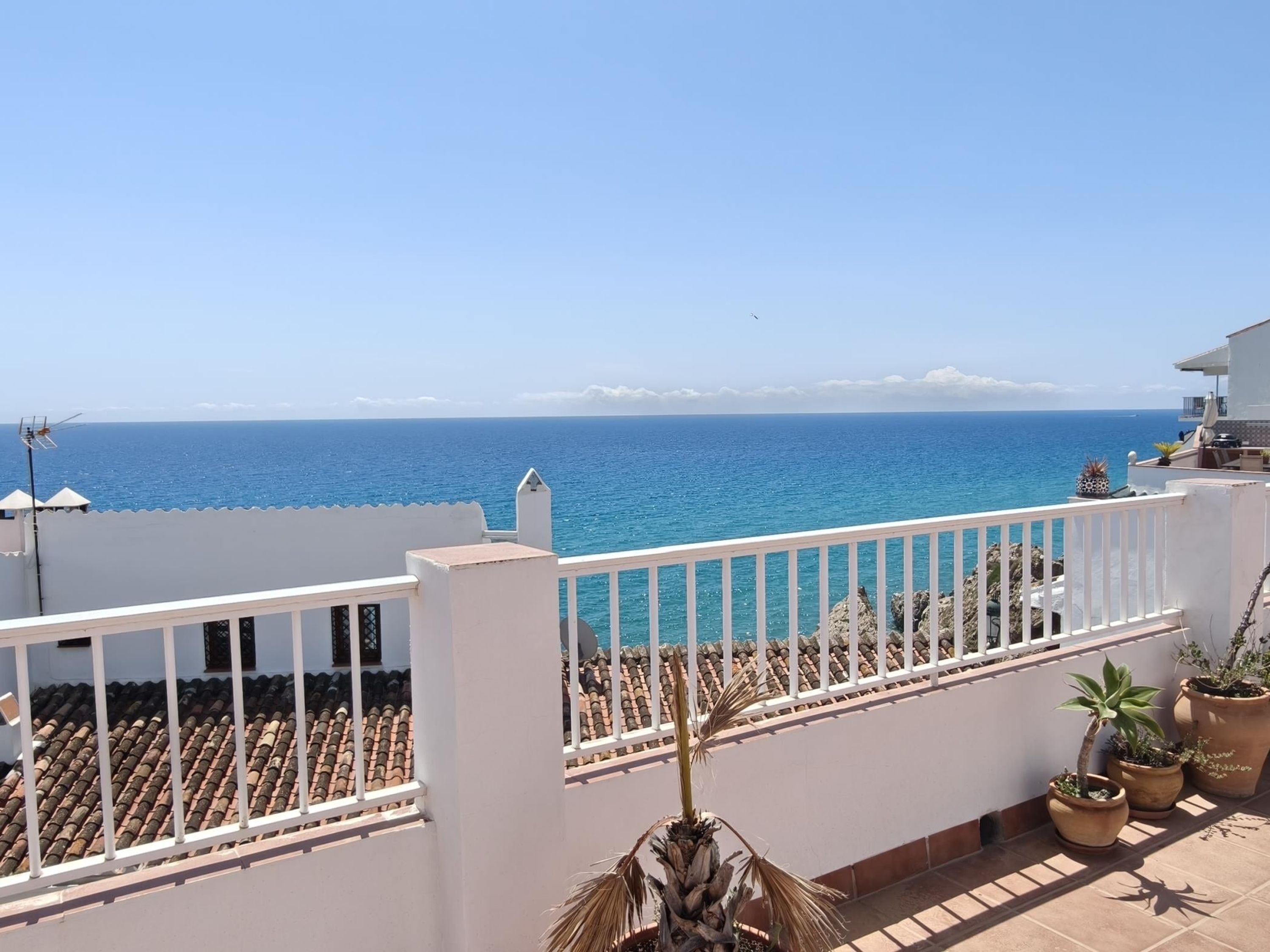 A terrace with a view of the sea, white railings, and potted plants.