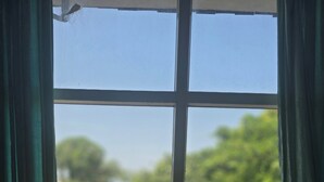 Una ventana con vistas a zonas verdes y una carretera.