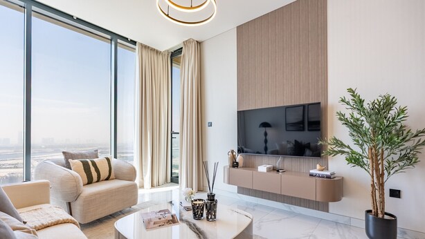 Una sala de estar moderna con un sofá, una mesa de centro, un televisor y una planta.
