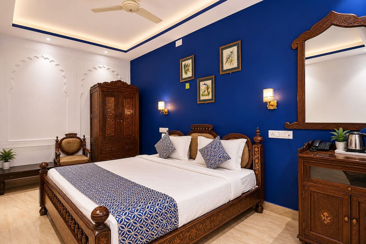 A bedroom with a large bed, a wardrobe, a mirror, and wall-mounted lights.