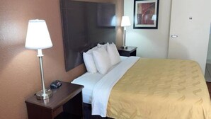 Une chambre d’hôtel avec un lit, deux lampes de chevet, une table de nuit, un tableau encadré au mur et une porte.