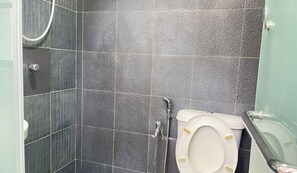 Une salle de bain avec douche, toilettes et bidet.