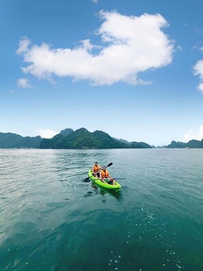 Un kayak sobre aguas tranquilas, con un paisaje montañoso al fondo.