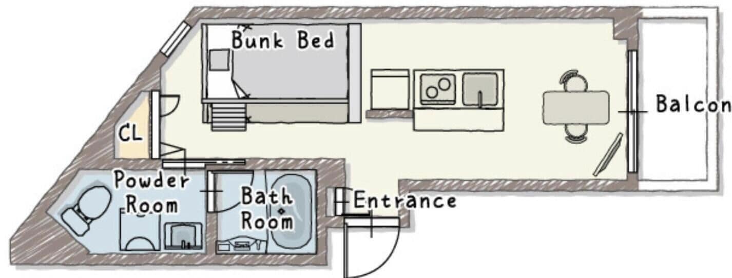 A floor plan with a bunk bed, powder room, bathroom, and balcony.