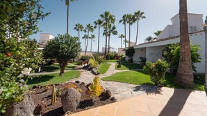 A garden with palm trees, a pathway, and a building with a white facade. - Makai Bungalows (San Bartolomé de Tirajana)