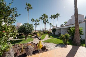 Un jardín con palmeras, un sendero y un edificio de fachada blanca.
