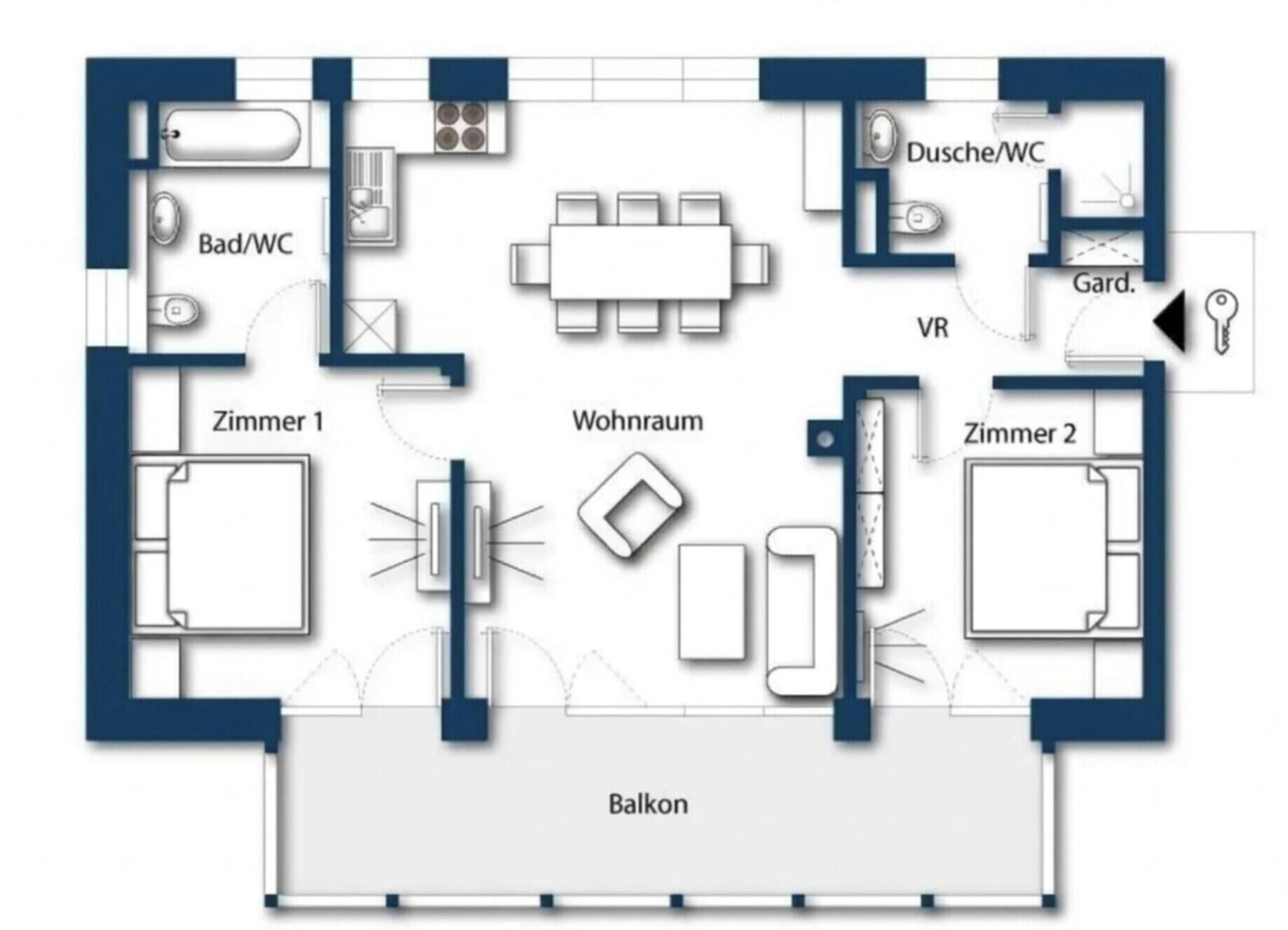 Un plan d’étage comprenant deux chambres, un salon, un balcon, une salle de bain, une cuisine et un coin repas.