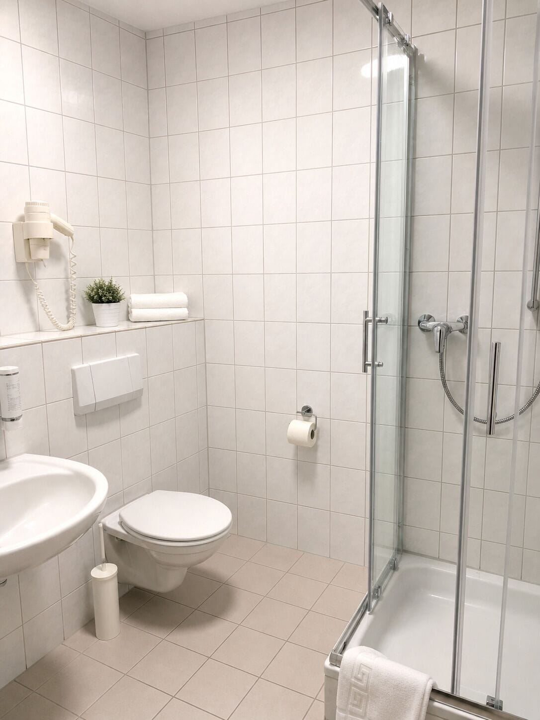Un baño moderno con inodoro, lavamanos y ducha con cerramiento de vidrio.
