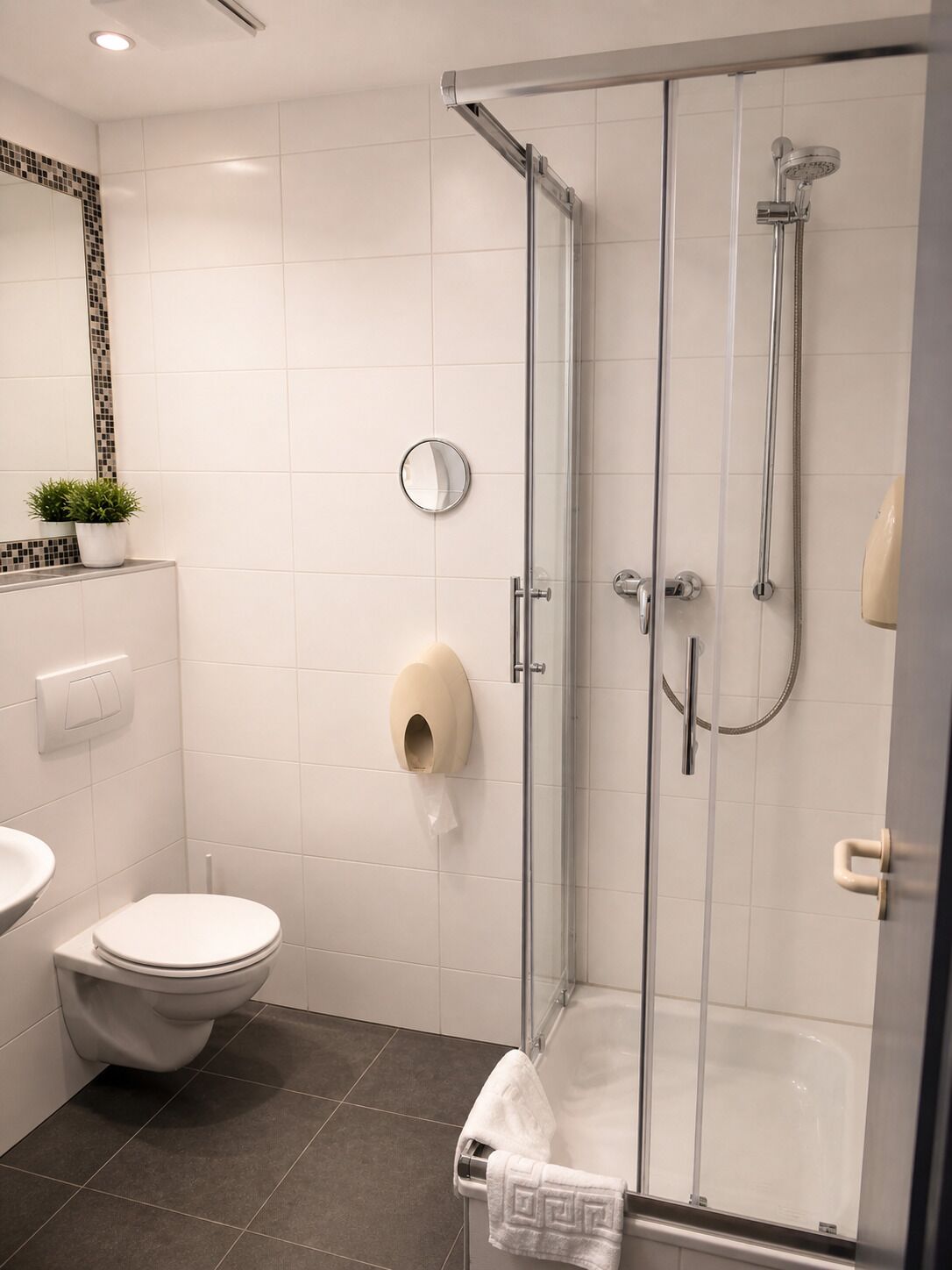 Une salle de bain moderne avec une douche à parois de verre, des toilettes, un lavabo et un miroir.