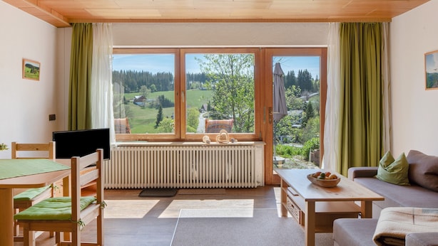 Ein Zimmer mit Esstisch, Stühlen, einer Couch, einem Fenster mit Blick auf eine grüne Landschaft und einer Heizung.