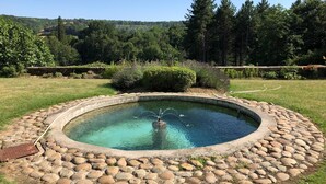 Una piscina circular con borde de piedra, rodeada de césped y árboles.