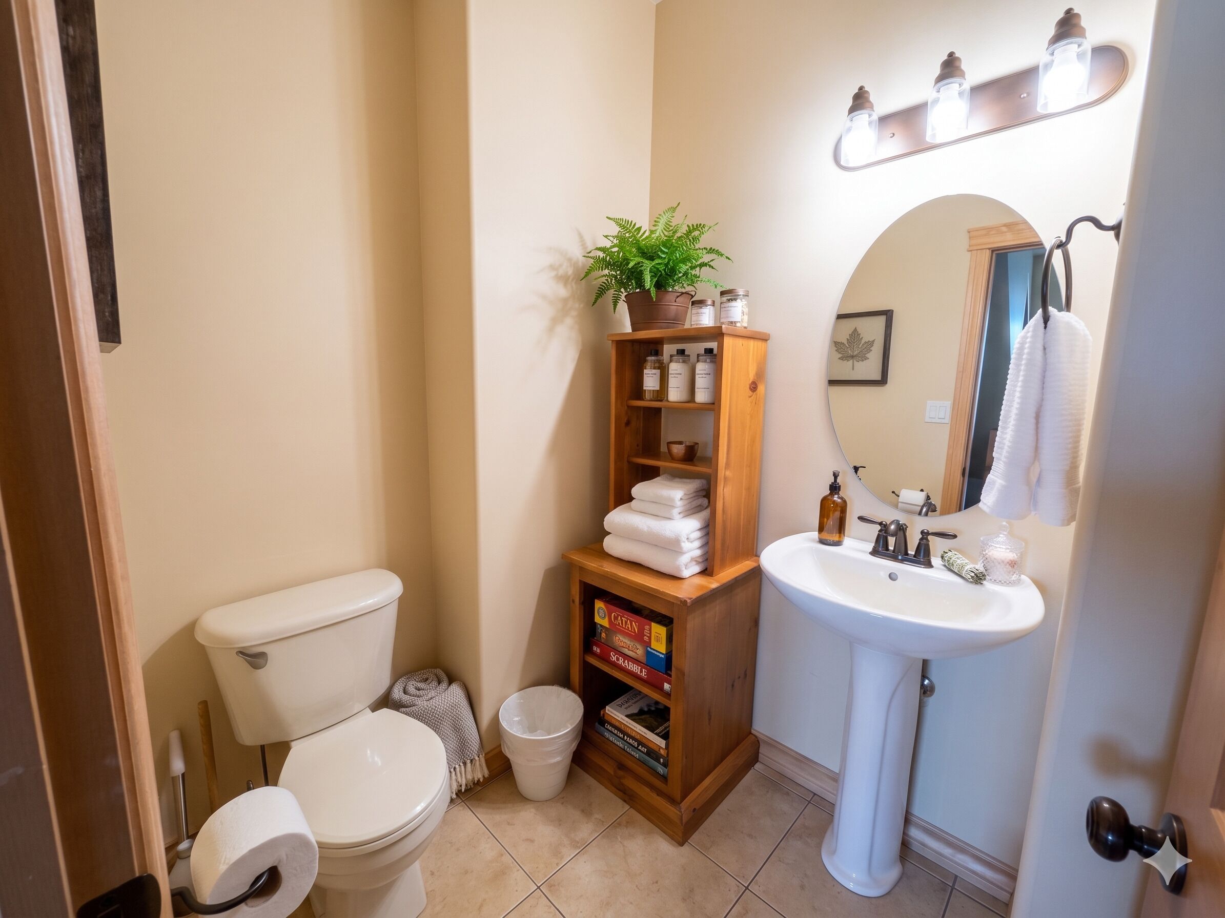 Een badkamer met toilet, wastafel, opbergmeubel en een plank met toiletartikelen.