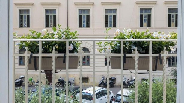 A balcony with plants and a view of a building with multiple windows.